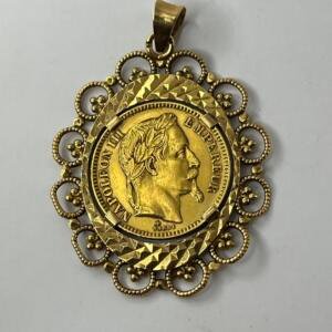Pendentif Or 18K avec 20 Francs Napoléon montée - Tête laurée - 1863 A - Or - 10.39g