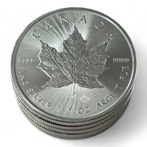 Lot de 5 monnaies - 1 oz / Once - Maple Leaf (31.1 grammes) en Argent 999.9 - 5 dollars 2012 - Canada