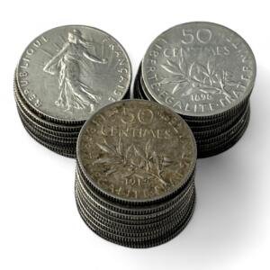 Lot de 30 monnaies de 50 Centimes Semeuse - 2.5g - Argent 835/1000 - investissement - gold - french coins - patrimoine - inflation - lot monnaies - rare - ecus - numismatique - numismatic - gold coin - splendide - invest - silver - argent - lingot - lingotin - geld - silber - once - oz