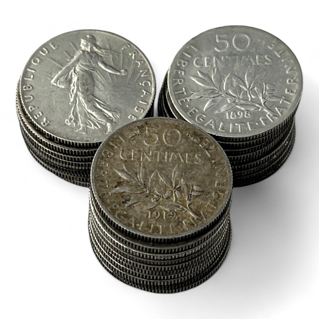 Lot de 30 monnaies de 50 Centimes Semeuse - 2.5g - Argent 835/1000 - investissement - gold - french coins - patrimoine - inflation - lot monnaies - rare - ecus - numismatique - numismatic - gold coin - splendide - invest - silver - argent - lingot - lingotin - geld - silber - once - oz