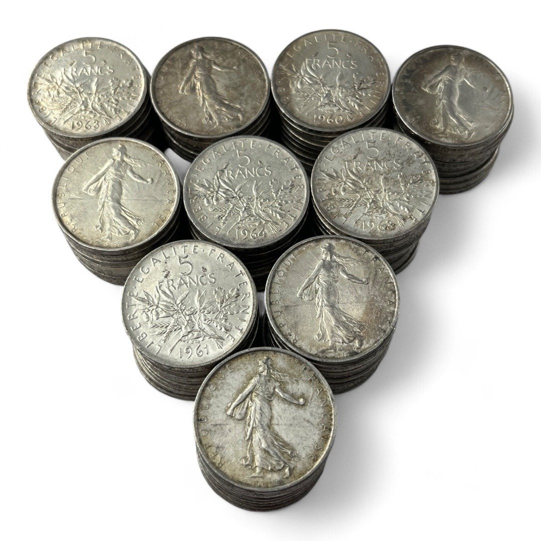 Lot de 100 monnaies de 5 Francs Semeuse - 12g - Argent 835/1000 - investissement - gold - french coins - patrimoine - inflation - lot monnaies - rare - ecus - numismatique - numismatic - gold coin - splendide - invest - silver - argent - lingot - lingotin - geld - silber - once - oz