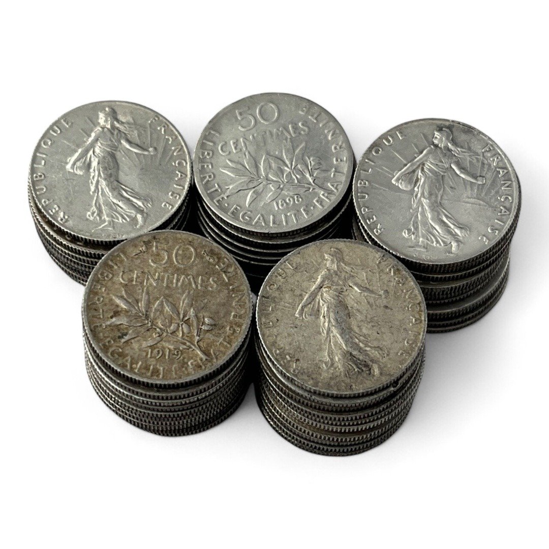 Lot de 50 monnaies de 50 Centimes Semeuse - 2.5g - Argent 835/1000 - investissement - gold - french coins - patrimoine - inflation - lot monnaies - rare - ecus - numismatique - numismatic - gold coin - splendide - invest - silver - argent - lingot - lingotin - geld - silber - once - oz