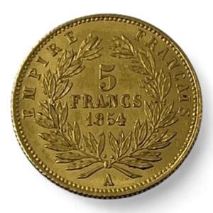 5 Francs Napoléon - Petit module - Tête nue - 1854 A - Paris - Tranche cannelée - Or