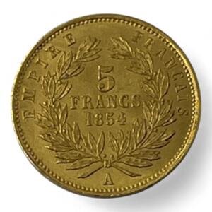 5 Francs Napoléon - Petit module - Tête nue - 1854 A - Paris - Tranche lisse - Or