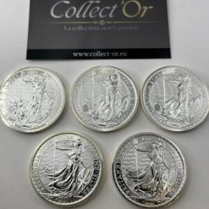 Lot de 5 monnaies - 1 oz / Once - Britannia - Charles III - Angleterre (31.1 grammes) en Argent 999.9 - 2023